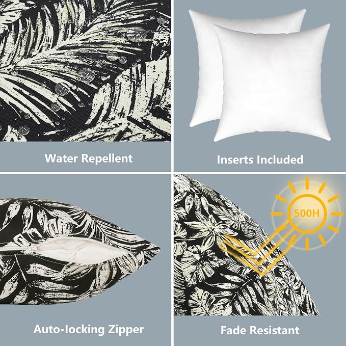 LVTXIII Outdoor Throw Pillows 16x16 Inch, Set of 2 Square Decorative Pillows with Inserts for Patio Furniture, Porch Chair, Garden Sofa, Tropical Leaf Black