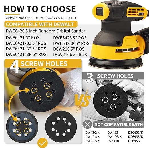 Sander Pad Replacement for Dewalt, 5" 8 Hole Hook and Loop Orbital Sander Pad Compatible with DeWalt DWE6421 6421K DWE6423 6423K DCW210B Random Orbital Sanders (4 Screw Holes)