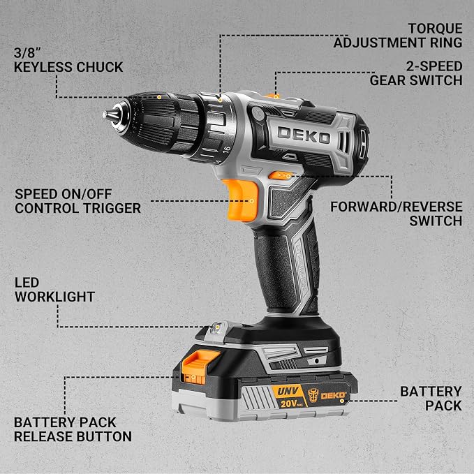 Power Drill Cordless: DEKOPRO 20V Electric Drills with 3/8-Inch Keyless Chuck, Variable Speed, Power Cordless Drill Set Tool with 2 Batteries, Charger&30 Accessories(Gray)