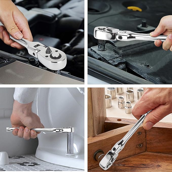 PRIDE&CRAFT 3pc Flex Head Ratchet Wrench Set, 1/4", 3/8", 1/2" Drive, 72-Tooth, Socket Wrench Quick Release Reversible Design, Chrome Alloy Made, EVA Organizer