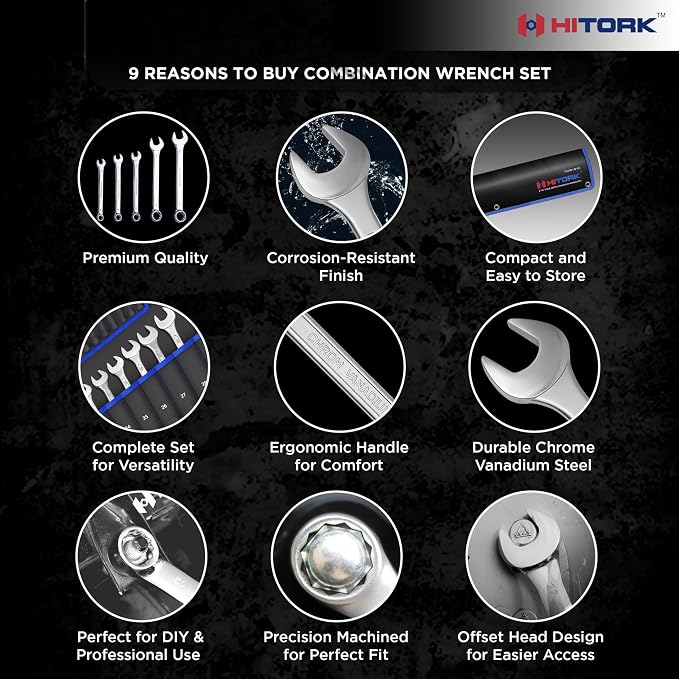 HITORK 25 Piece Metric Combination Wrench Set, 6-32 mm, 12-Point CRV Steel | Matt finish, 15° Offset box ends & organized roll up storage improve access, visibility & control for automotive repair work