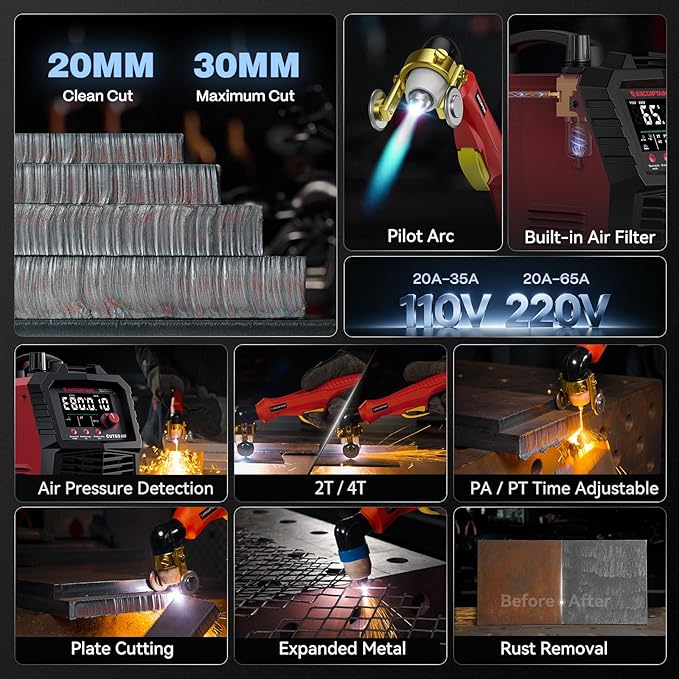 ARCCAPTAIN 65Amp Plasma Cutter, Pilot Arc Plasma Cutting Machine, Cuts 1-1/8" Max, Built-in air filter, Upgraded Large LED Display, 110V/220V, Supports Rust Removal & Expanded Metal, 2T/4T, PA/PT