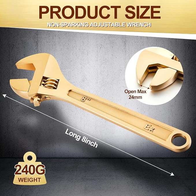 Hicarer 8 Inch Non-Sparking Adjustable Wrench, Aluminum Bronze Tool | Non-Magnetic, Oil & Gas Industry, Chemical Facilities, Hazardous Environments, Industrial Safety Applications