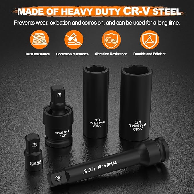 1/2" Impact Socket Set Metric and Standard - Trivd Frol 65 Piece Socket Set | SAE 3/8" to 1-1/4" and Metric 8-24mm, Shallow & Deep Socket Set, Cr-V Steel, 6-Point, with Ratchet, Extension Bars, Adapter