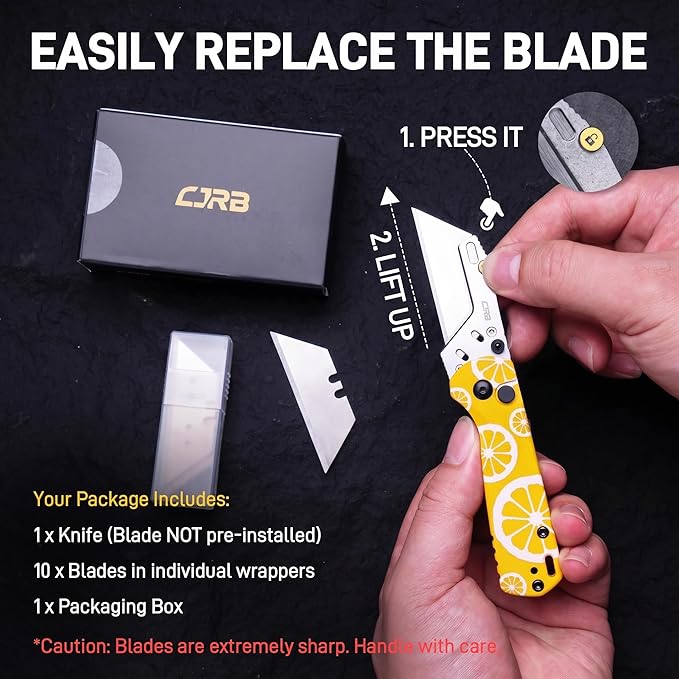 CJRB Boxer Pocket Folding Utility Knife, EDC Knife with 10PCS Total Blades, Small Pocket Knife with G10 Handle for Men Women(J1967 Lemon Yellow)