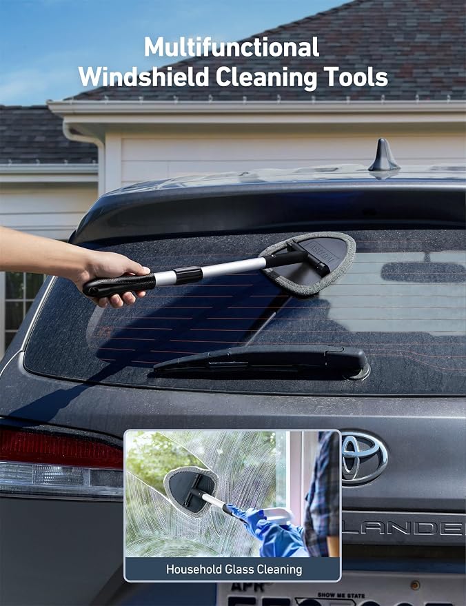 AstroAI 21" Windshield Cleaner Tool, Car Interior Detailing Cleaning Kit with Extendable Handle and 4 Upgraded High-Density Reusable Microfiber Pads, Auto Glass Wiper Brush Kit for Cars, Gray