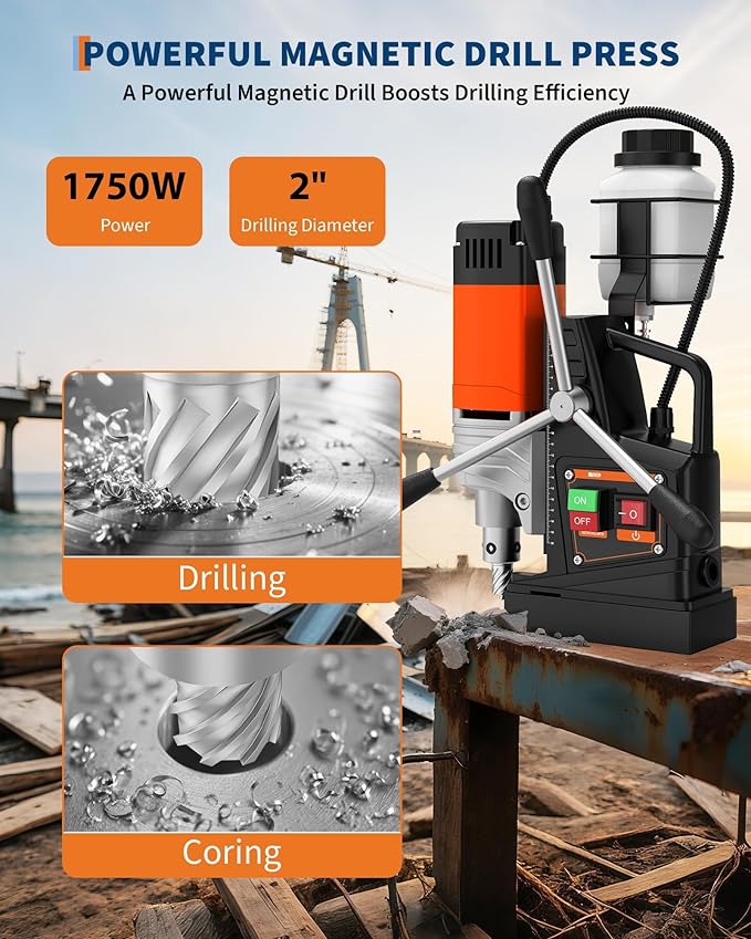 Magnetic Drill, 1750W 2" Boring Diameter, 2922Lbf Power Portable Magnetic Drill, 810 PRM, Electric Drilling Machine for Metal Surface, Industrial and Home Improvement