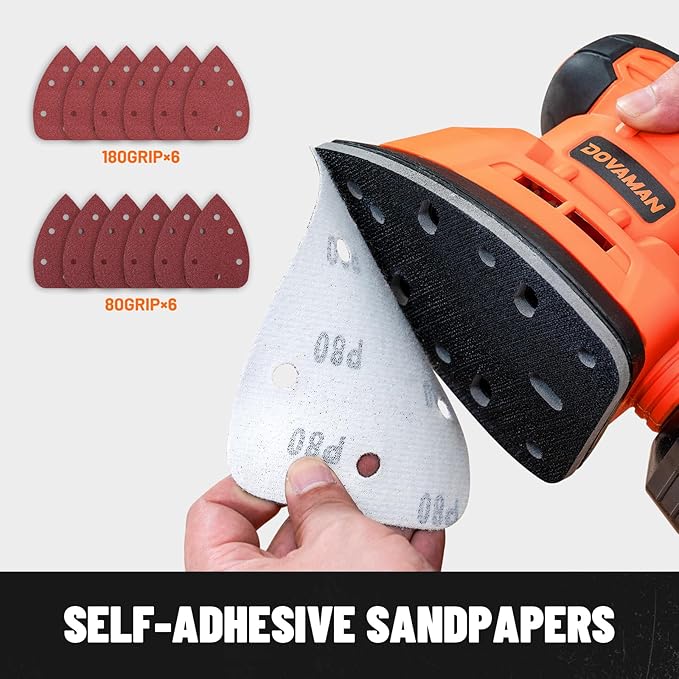 DOVAMAN 130W Detail Sander, 12000RPM Palm Sander Tool, Dust Collection System, 12PCS Sandpaper, Compact Hand Tool for Wood Steel Surfaces