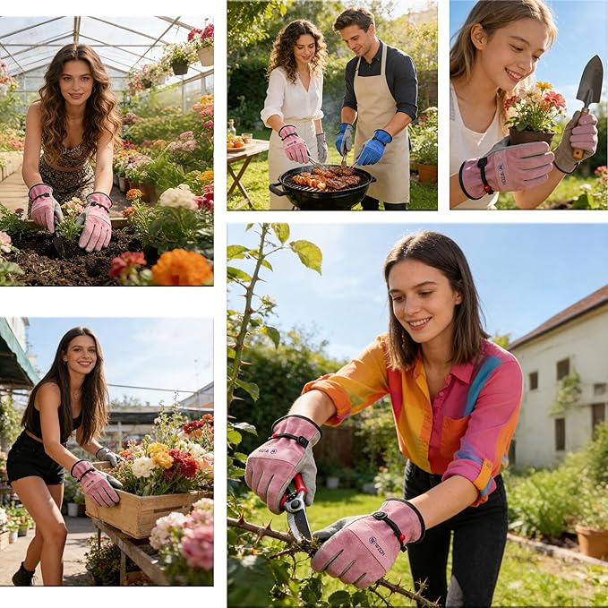 WZQH Leather Work Gloves for Men or Women. Large Glove for Gardening, Tig/Mig Welding, Construction, Chainsaw, Farm, Ranch, etc. Cowhide, Cotton Lined, Utility, Firm Grip, Durable. Pink-Grey L