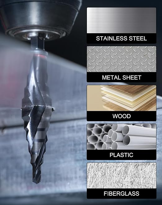 EZARC Step Drill Bit for Metal, M35 Cobalt Step Drill Spiral Flute Unibit Step Drill Bit (3/16''-7/8'') Wear-Resistant AlTiN Coated, 1/4" Hex Shank for Metal, Stainless Steel, Aluminum, Plastic