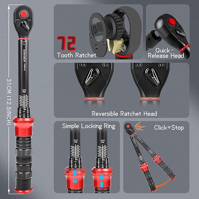 3/8-Inch Drive Torque Wrench 5-50ft.lb/6.8-67Nm, ±3% Precision Dual Direction Torque Wrenches with 72-Tooth Dual Range Scales