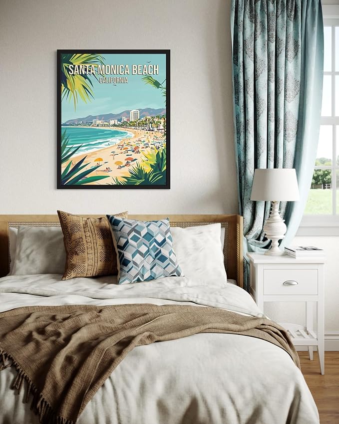Santa Monica Beach California Wall Art Print Poster, US Vintage Retro Beach Scenery Posters Prints for Restroom Home Picture Painting Artwork Gallery 219 (Santa Monica Beach California, 16 x 20 inches, Black Frame)