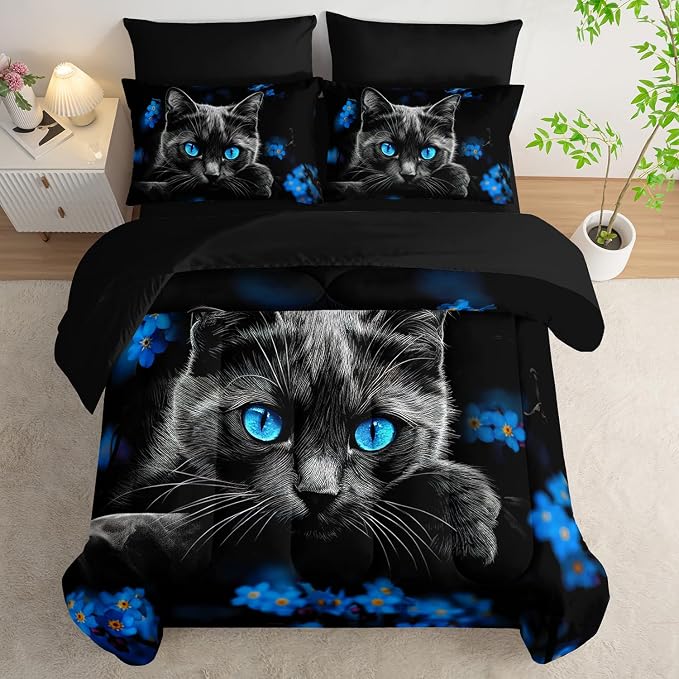 Black Cat Full Comforter Set with Sheets,Animal Themed Cute Cat Bedding Set for Kids Toddler Girls Boys Room Decor,Blue Floral Bedding with Comforter,Fitted Sheet,Flat Sheet,Pillowcases.