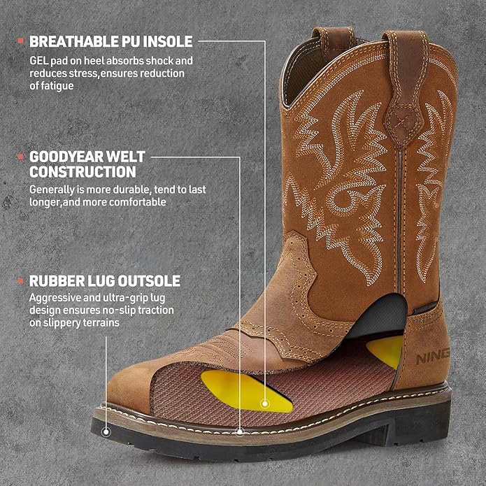 HISEA NINGO Steel Toe Work Boots for Men, Waterproof Square Toe Cowboy Boots Slip on, Comfortable Soft Toe Pull on Western Safety Work Shoes for Construction Industrial Working Welding Riding, Brown