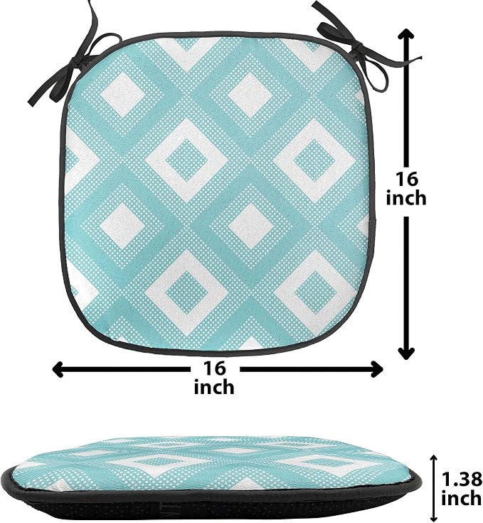 Lunarable Geometric Chair Seating Cushion Set of 6, Nested Diagonal Squares with Tiny Polka Dots Symmetric Repetition, Anti-Slip Seat Padding for Kitchen & Patio, 16"x16", White and Pale Teal