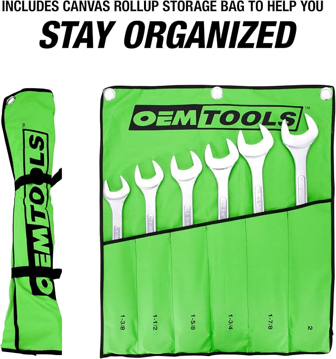 OEMTOOLS 6-PC SAE Jumbo Angle Head Combination Wrench Set 1-3/8" to 2" | Chrome-Plated to Resist Rust, Chrome Plated Finish, Includes Nylon Wrench Roll, Durable Carbon Steel
