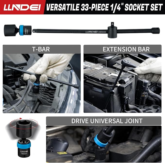 LLNDEI 1/4-Inch Drive Swivel Socket Set, 32Pcs Metric | SAE(5/32-9/16"), Wobble Sockets, 6 Point with Ratchet Wrench Handle, Extension Bars and Adapter, DIY mechanic & garage shop