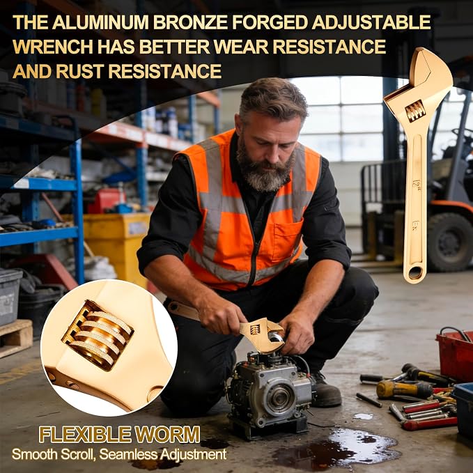 Hicarer 12 Inch Non-Sparking Adjustable Wrench, Aluminum Bronze Tool | Non-Magnetic, Oil & Gas Industry, Chemical Facilities, Hazardous Environments, Industrial Safety Applications