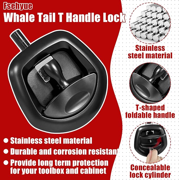 Compression Whale Tail Locks Truck Tool Box Latch Toolbox Fishtail Lock Lever Replacement T Shaped Handle Paddle Lock with Key Suitable for Truck RVs Trailer Box Black
