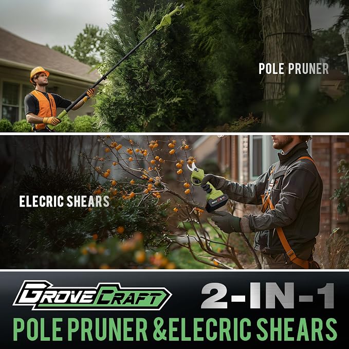2-in-1 Pole Pruning Shears,1" Cutting Diameter Cordless Electric Pole Pruners - Brushless Motor, 2 * 4.0Ah Batteries, Branches Cutter for Tree & Flower(Fast Charger Included), Green