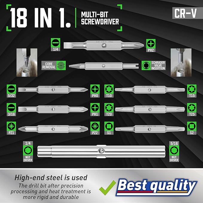 Amartisan 18-in-1 Multi-bit Screwdriver Set Tool All in One, Portable Multi-Purpose Screwdriver, Slotted/Philips/Pozi/Torx/Square,Nut Driver (Green)