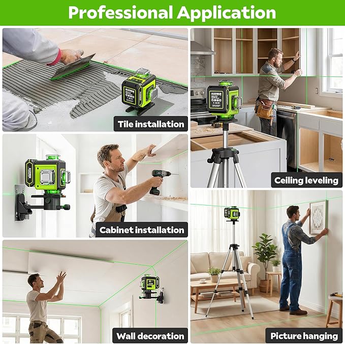 Alloyman Laser Level with Tripod, 4 × 360° Self Leveling Laser Level, Nivel Laser Green Line Lazer Leveler Tool for Picture Hanging, Home Renovation, Indoor Project, 2*Battery&Carrying Bag Included