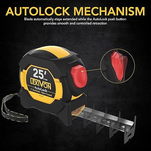 LEXIVON 25Ft/7.5m AutoLock Tape Measure | 1-Inch Wide Blade with Nylon Coating, Matte Finish White & Yellow Dual Sided Rule Print | Ft/Inch/Fractions/Metric (LX-205)