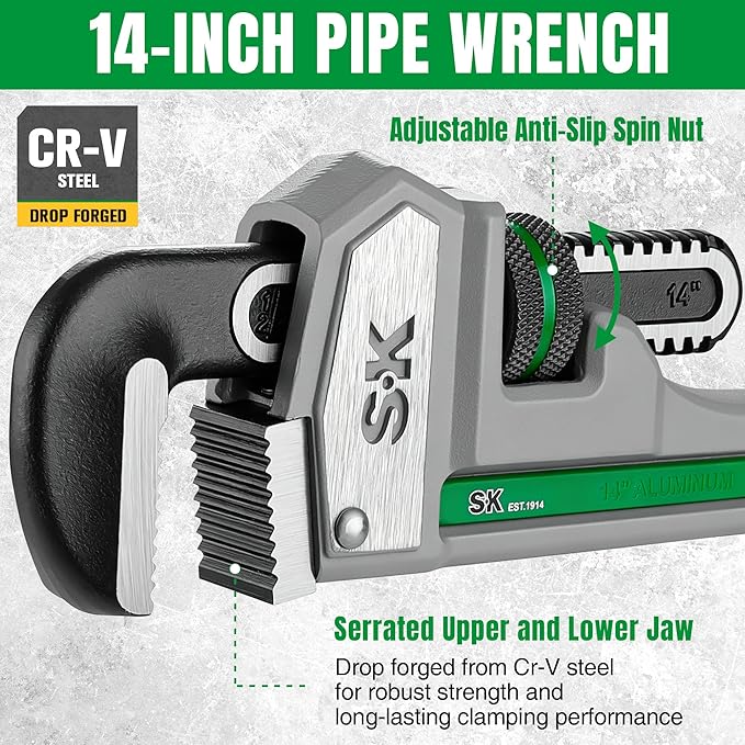 SK 14'' Pipe Wrench, Adjustable Plumbers Wrench, Aluminum Plumbing Wrench | Jaw Capacity 1/2'' to 2'', Lightweight I-Beam Handle, Serrated Jaw for Anti-Slip Grip, Drop-Forged Cr-V Steel Head
