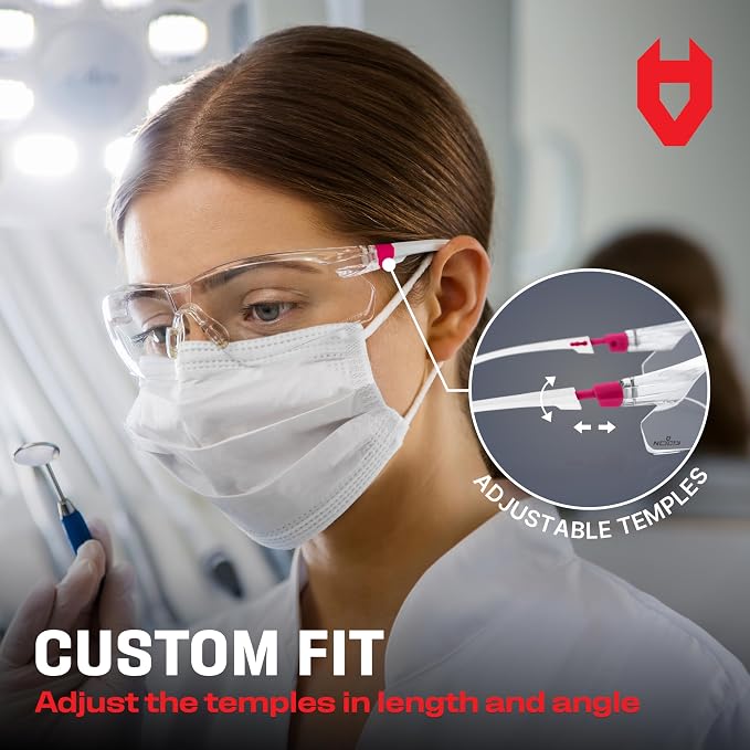 NoCry Safety Glasses with Clear Anti Fog Scratch Resistant Wrap-Around Lenses and No-Slip Grips, UV Protection. Adjustable, White & Pink Frames (10 pack)