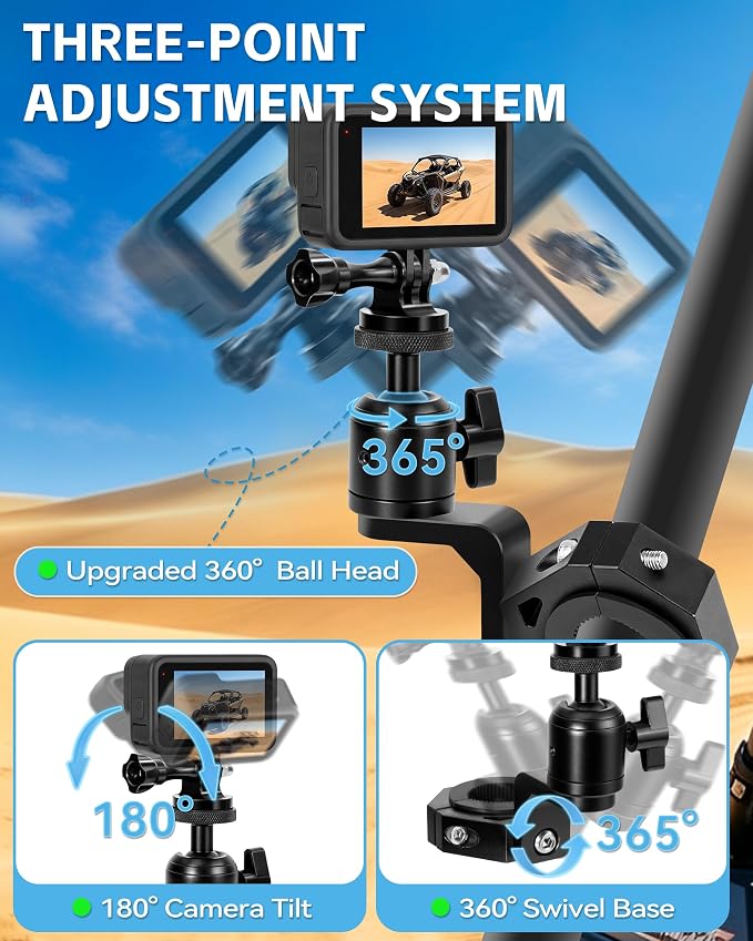 ZHILXN UTV ATV Aluminum Action Camera Clamp Mount Fits 1" - 2" Roll Bar