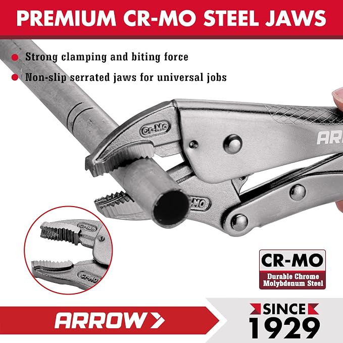 ARROW 10-piece Locking Pliers Set with Tool Bag, Chromium-Molybdenum Vice Grips, 5"/7" Curved Jaw, 6.5"/9.5" Long Nose, 7"/10" Straight Jaw, 7"/10" V-Jaw, 6"/11" C-Clamp Vise Grip Pliers