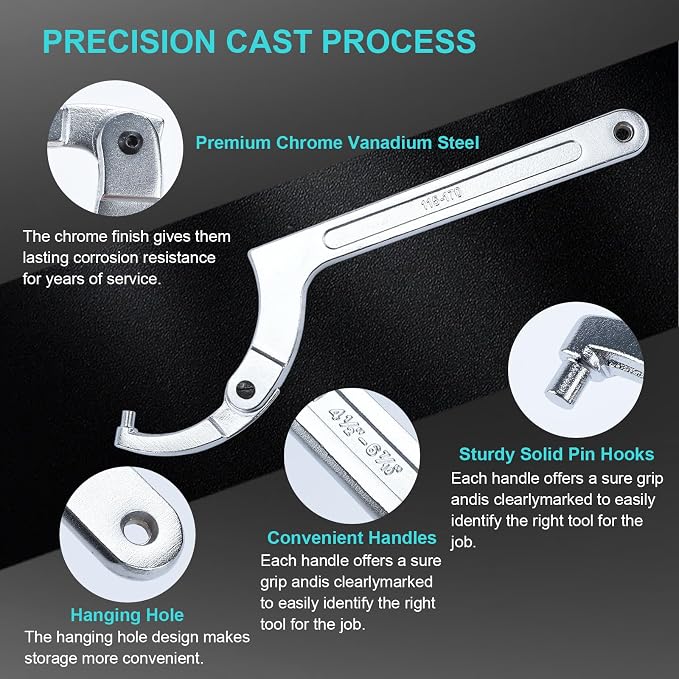 4 Pieces Adjustable Pin Spanner Wrench Tool Set | 3/4" to 6-7/10" C Pin Spanner Hook Wrench Tool for Pipes Heating, Vehicles, Mechanical Equipments (Round Head)