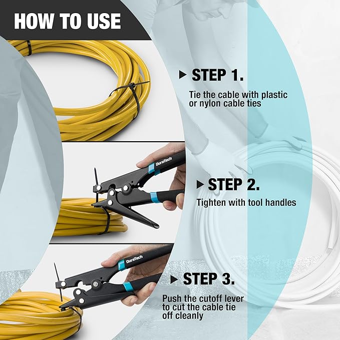 DURATECH 8-inch Zip Tie Tool, Ergonomic Cable Tie Gun for Fastening and Cutting Plastic or Nylon, Tensioning and Cutting Tool for Cable Management