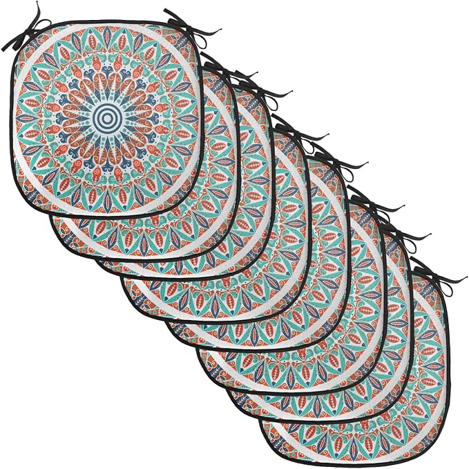 Lunarable Moroccan Chair Cushion Pads Set of 8, Floral Geometry Complex Design Medallion Middle Ages Tribal Art, Anti-Slip Seat Padding for Kitchen & Patio, 16"x16", Turquoise Dark Blue