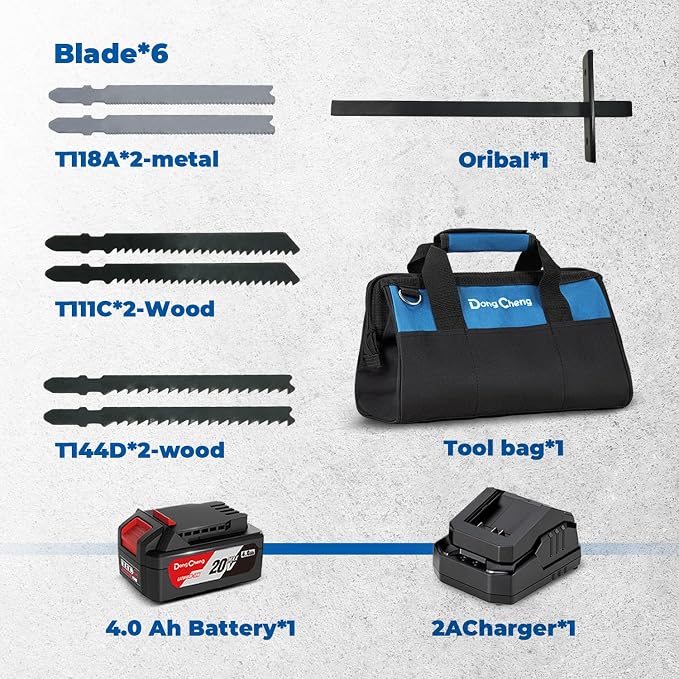 DongCheng 20V Brushless Jigsaw, 800-3500 SPM, 26mm Stroke, 0-45° Bevel | 4Ah Battery & Fast Charger | 6 Blades Kit, Guide Rail, Tool Bag Included for Wood, Metal Cutting