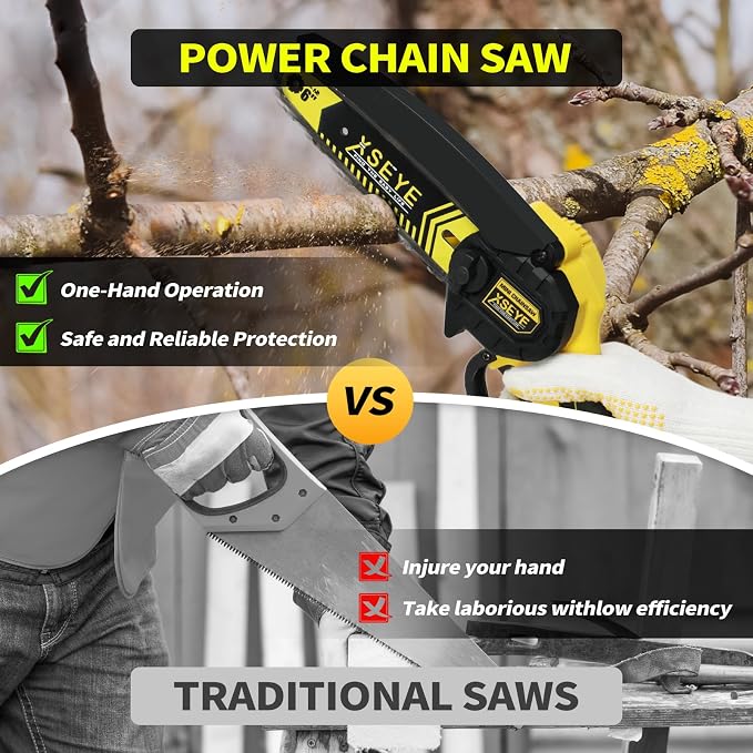 XSEYE Mini Chainsaw Cordless 6", Battery Powered Handheld Chain Saws, Small Electric Saw for Wood Tree Cut Gardening Tools, Dad Mens Birthday Ideas, Day Gifts for Him Husband Valentines Anniversary