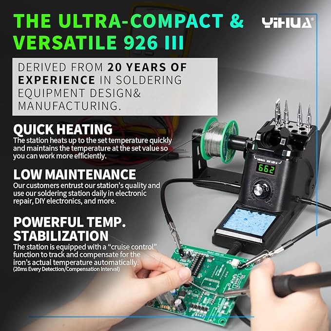 YIHUA 926 III 60W Digital Display Soldering Iron Station Kit w 2 Helping Hands, 6 Extra Iron Tips, Lead-Free Solder, Solder Sucker, S/S Tweezers, °C/ºF Conversion, Auto Sleep & Calibration Support
