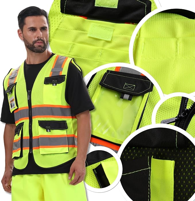 JKSafety Hi Vis Reflective Safety Vests for Men Women High Visibility Vest with Pockets Mesh Fabric Construction Safety Apparel Neon Vest for Work (220-YBlack L)
