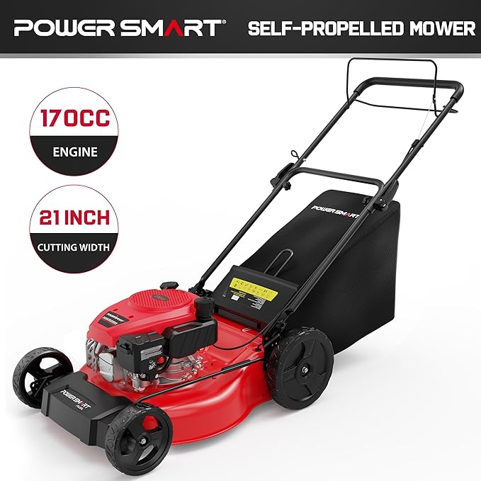PowerSmart 21-Inch 3-in-1 Gas Self-Propelled Lawn Mower,170CC OHV Engine,Bagging/Mulching/Rear Discharging, 6 Cutting Heights, Durable Steel Deck, Rear-Wheel Drive, for Garden, Yard,