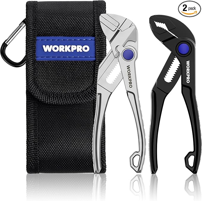 WORKPRO 2-Piece Mini Pliers Set with Pouch, 4-Inch Water Pump Plier & Plier Wrench, High-Toughness Alloy Steel Mini Groove Joint & Smooth Jaw Plier, EDC Pliers for Tight Spaces & Versatile Use