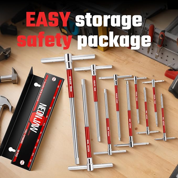 10pcs T-Handle Hex Allen Key Wrench Set 10mm 8mm 6mm 5mm 4.5mm 4mm 3.5mm 3mm 2.5mm 2mm with 3-Way Sliding Handle, Spinning Sleeve, Steel Storage Rack for DIY, Mechanics, Red