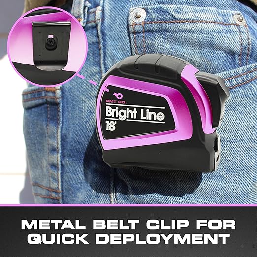 Perfect Measuring Tape - Pink BrightLine High Contrast EasyRead Tape Measure for Low Light (Dark Mode) - Rubber Case 18ft (Inch Fractions) Dual Sided Auto Lock Tape Measure Retractable (Pink)