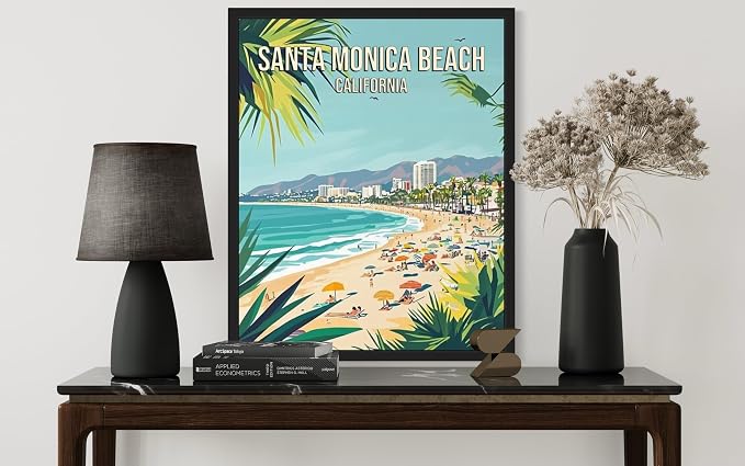 Santa Monica Beach California Wall Art Print Poster, US Vintage Retro Beach Scenery Posters Prints for Restroom Home Picture Painting Artwork Gallery 219 (Santa Monica Beach California, 16 x 20 inches, Black Frame)