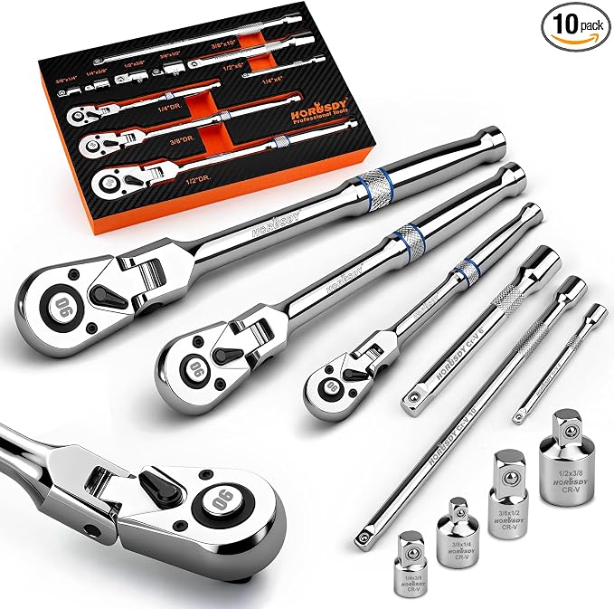 10-Piece Flex-Head Ratchet Set, 1/4", 3/8" & 1/2" Drive Socket Wrenches, 90-Tooth Quick-Release Reversible Low-Profile, Extension Bars (4", 10", 6") & 4 Adapters for Automotive, Bike, and Home Repair