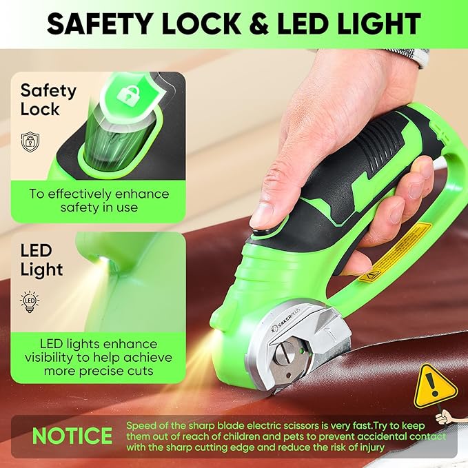 Sakerplus Cordless Electric Scissors, 4V Rechargeable Cardboard Cutter, Cordless Box Cutter, Powerful Cardboard Scissors with Blade, LED Light, Safety Lock for Cutting Fabric Leather