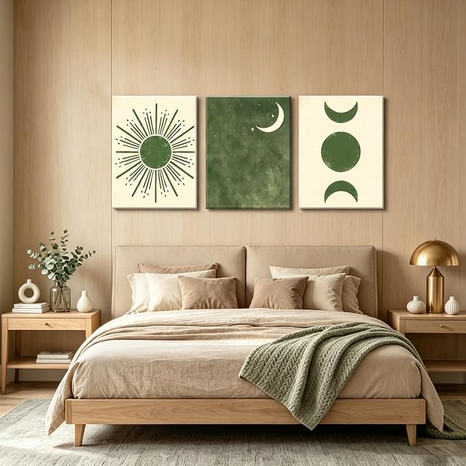 Frimeeme Boho Sun and Moon Canvas Wall Art Set of 3, Mid Century Modern Minimalist, Living Room Bedroom Decor, 12x16 Inch,Framed