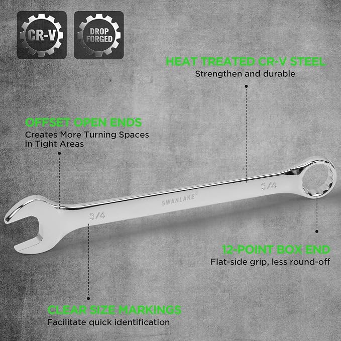 SWANLAKE 15-Piece SAE Wrench Set, V Notch Premium Combination Wrenchs Set, SAE 1/4" to 1-1/16", Max Torque, 12-Point, Chrome Vanadium Steel, with Storage Rack