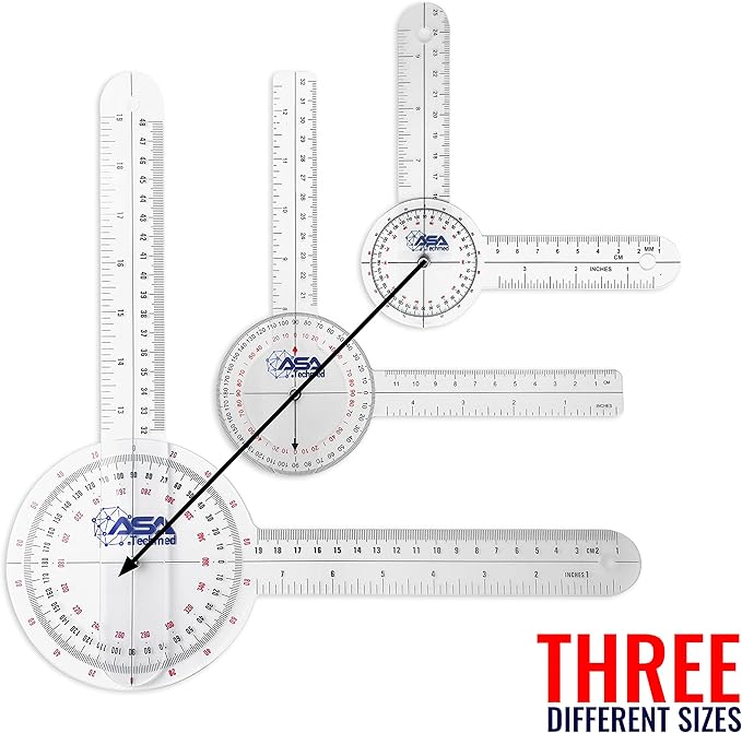 ASA TECHMED 3 Pcs Goniometer Set, 12, 8, 6 Inch Medical Spinal Goniometer Angle Protractor Angle Ruler