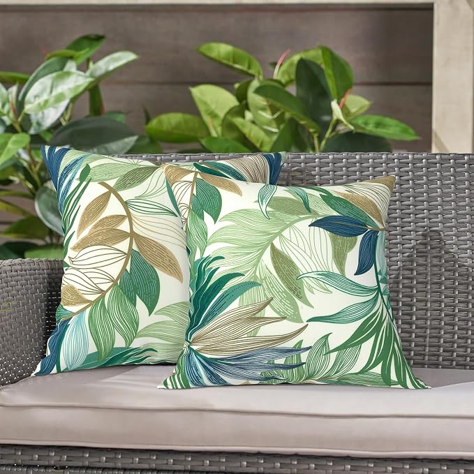 LVTXIII Outdoor Throw Pillows 16x16 Inch, Set of 2 Square Decorative Pillows with Inserts for Patio Furniture, Porch Chair, Garden Sofa, Lush Leaf Green