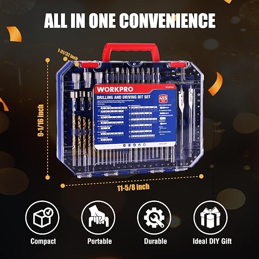 WORKPRO 455Pcs Drill Bit Set, 105-Piece Drill & Screwdriver Bit w/ 350 Screws Combo Kit, All-in-One Double Sided Power Tool Accessory Set Gift for DIY Home Repair & Masonry